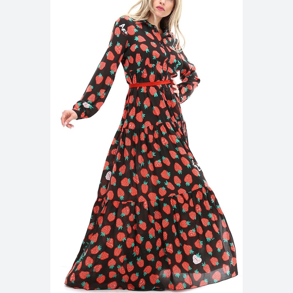 Aniye By Chemisier Tula Strawberry Print Maxi Dress Black Red Size 42 NWT